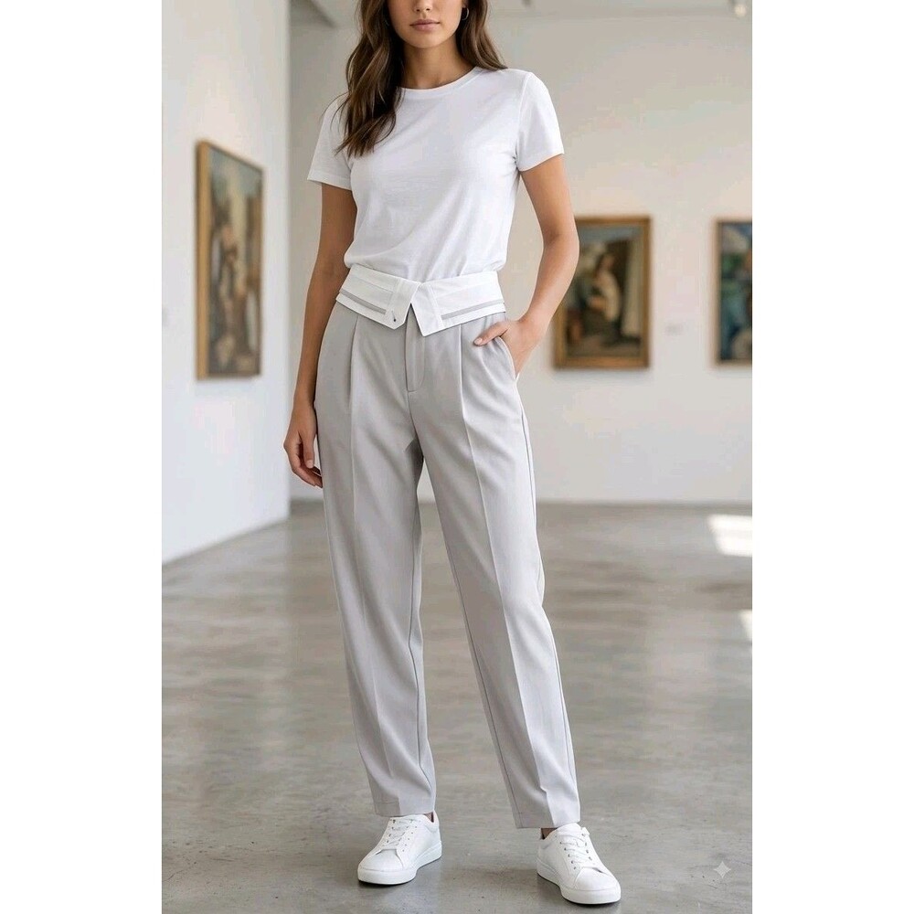 COMMENSE Grey Foldover Waistband Pleated Dress Pants Size M High Rise Trousers